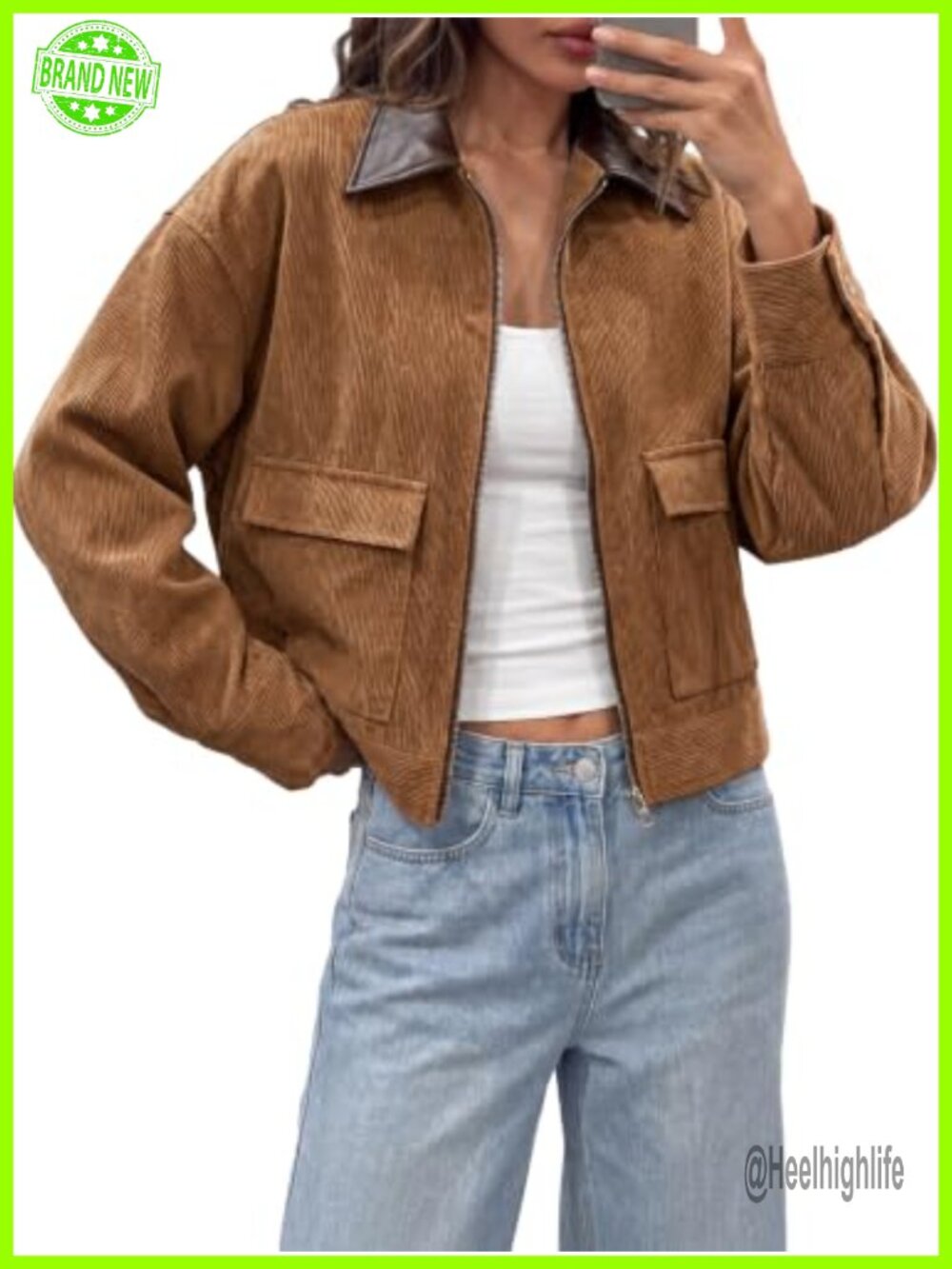 Women Cropped Corduroy Oversized Zip Up Barn Bomber Jacket Casual